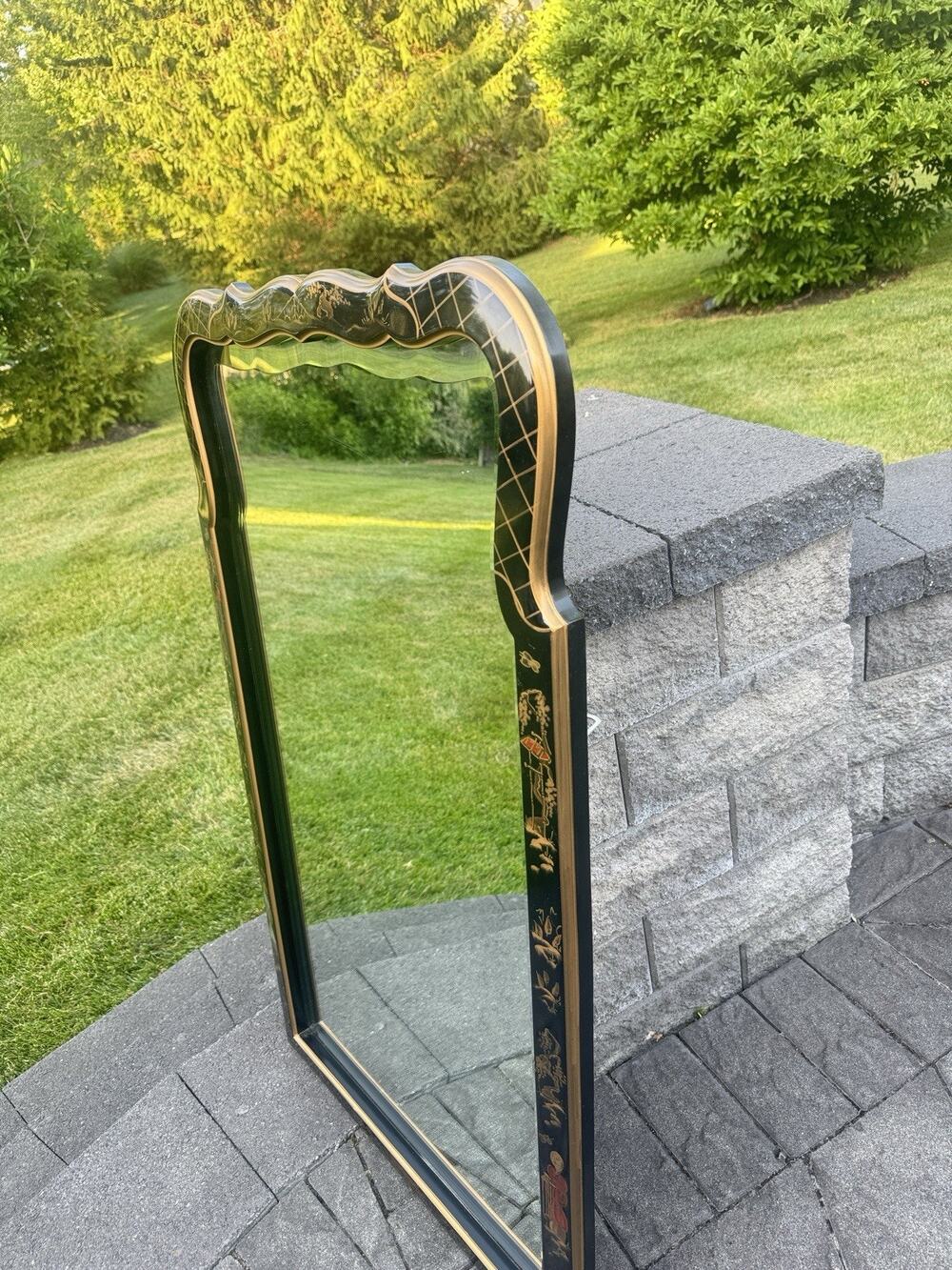 Chinoiserie Black Lacquer Mirror Gold Asian Pagoda Beveled Wall Mirror 43x25”